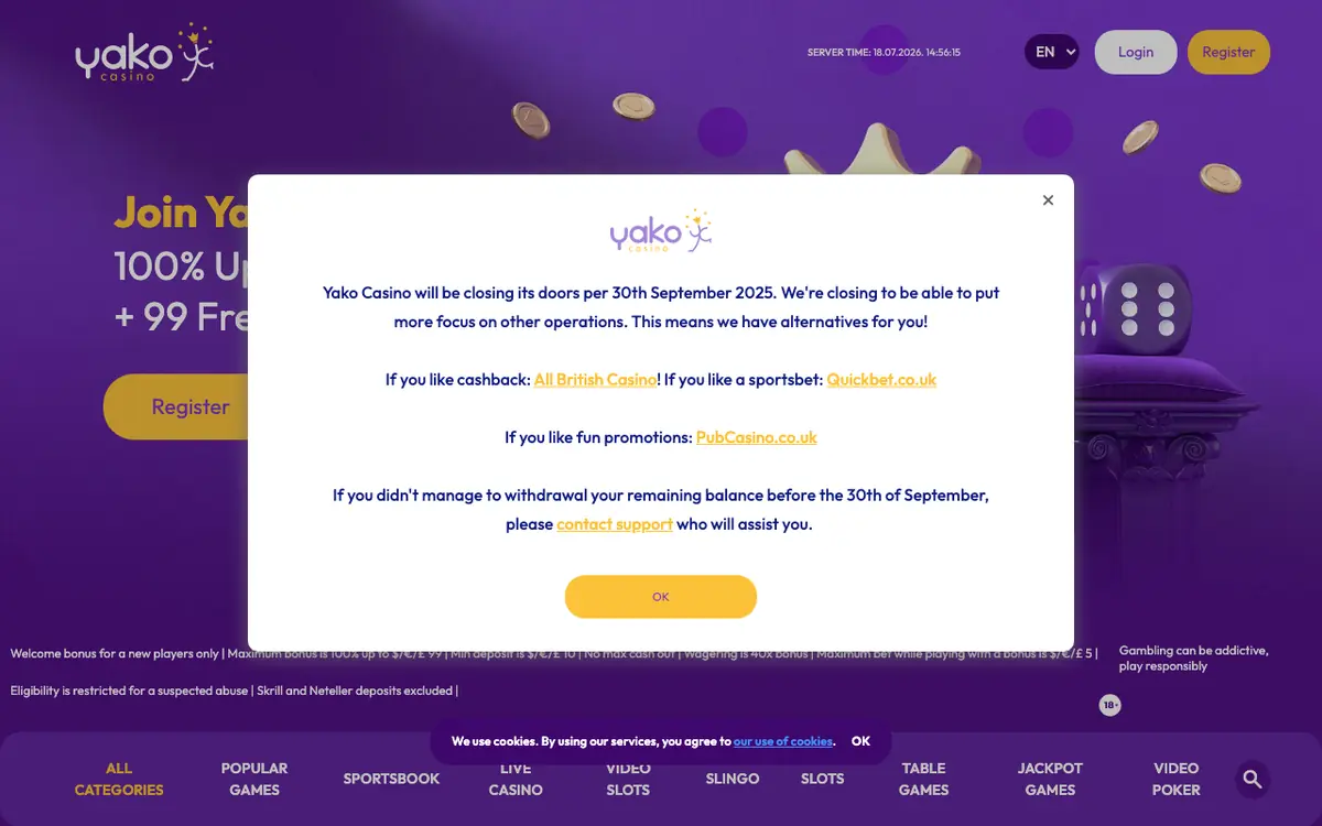 Yako Casino homepage screenshot – July 2026