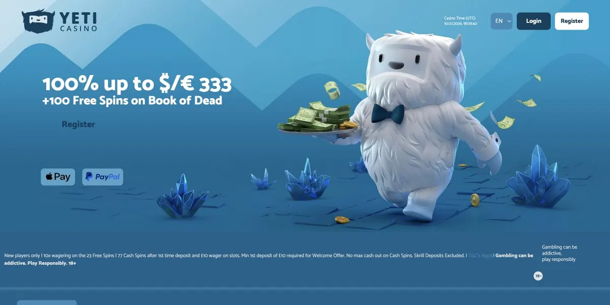 Yeti Casino homepage showing the current welcome offer and casino mascot