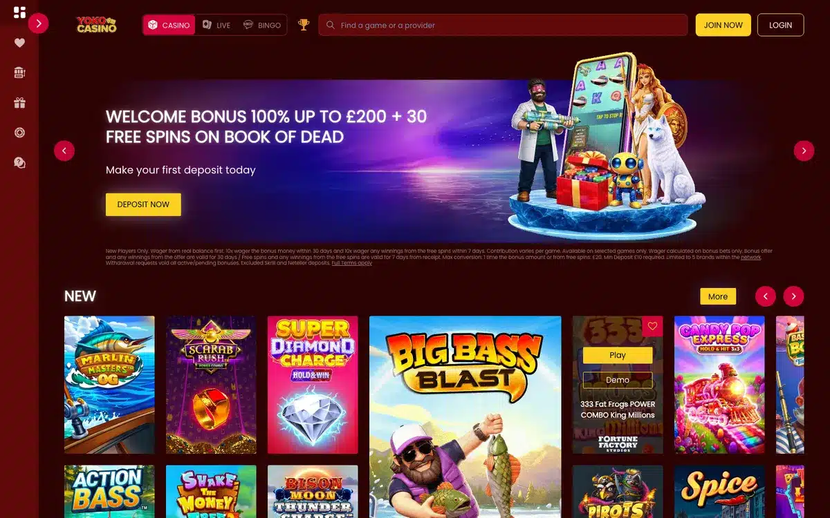 Yoko Casino homepage showing the current welcome offer and game lobby