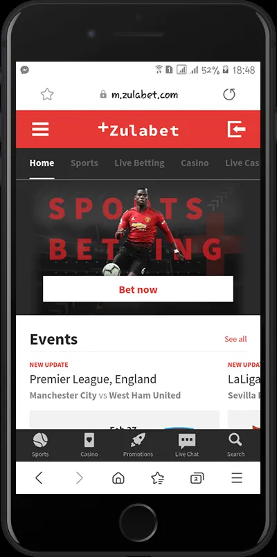 Zulabet Casino historical mobile homepage