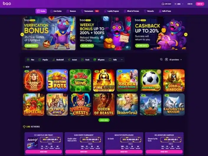 Bao Casino homepage showing promotions, game categories and the casino lobby