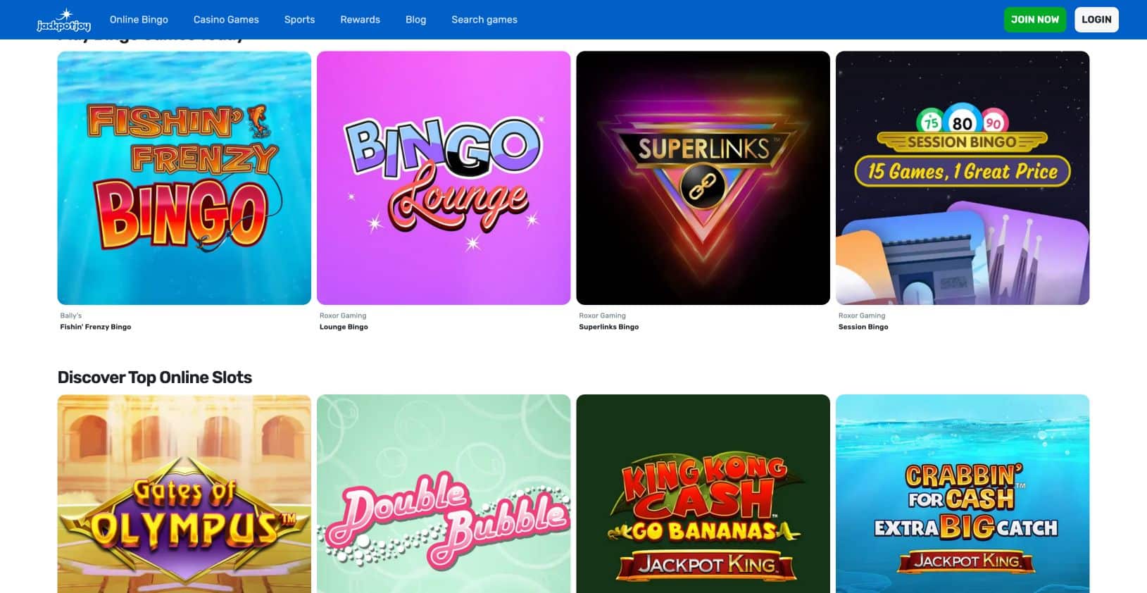 JackpotJoy bingo categories: Fishin Frenzy, Lounge, Superlinks and Session Bingo