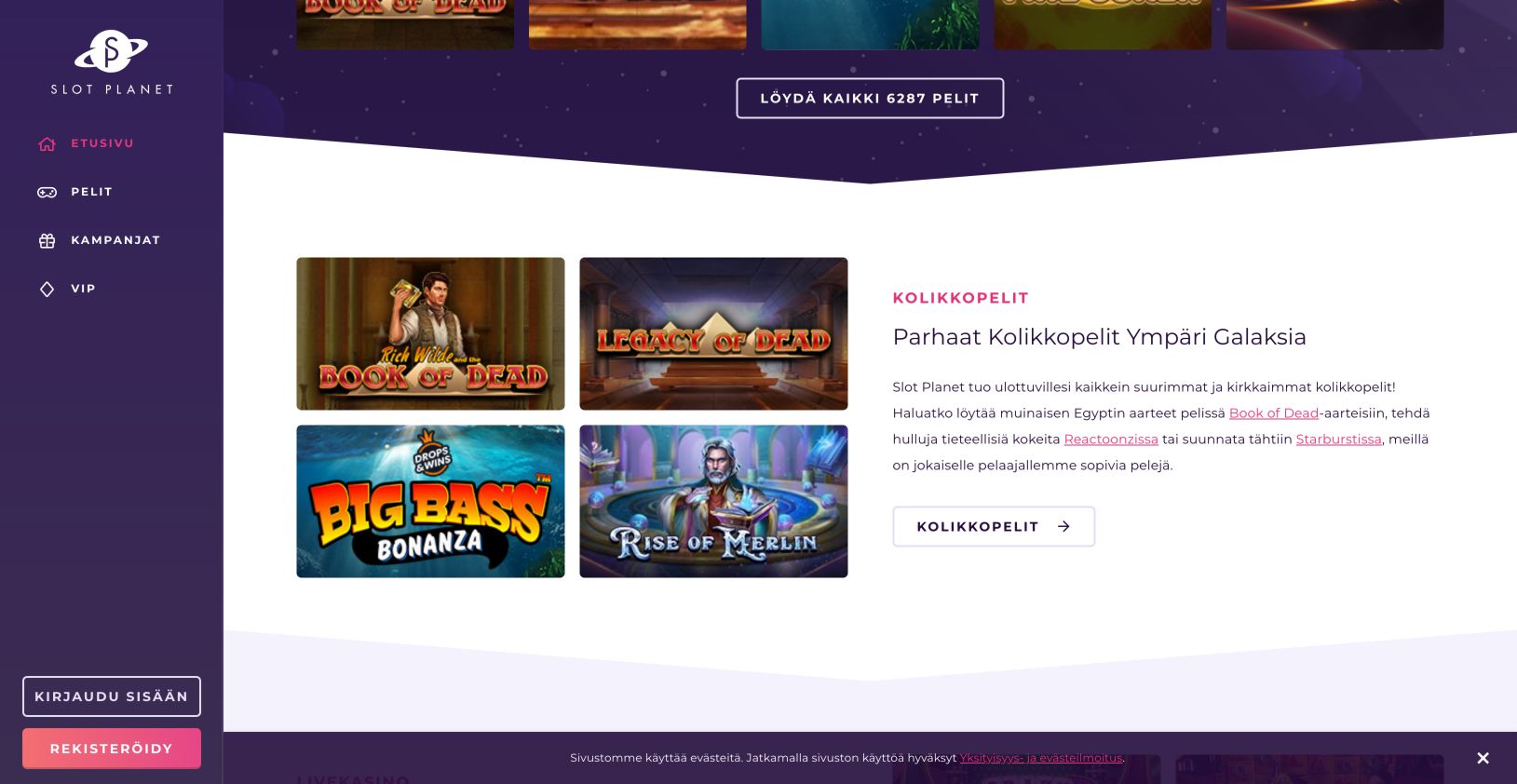 Slot Planet in September 2026, Finnish edition: Purple sidebar beside Book of Dead, Legacy of Dead, Big Bass Bonanza and Rise of Merlin