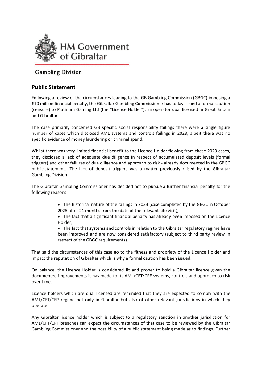 Opening of the Gibraltar Gambling Division statement about Platinum Gaming