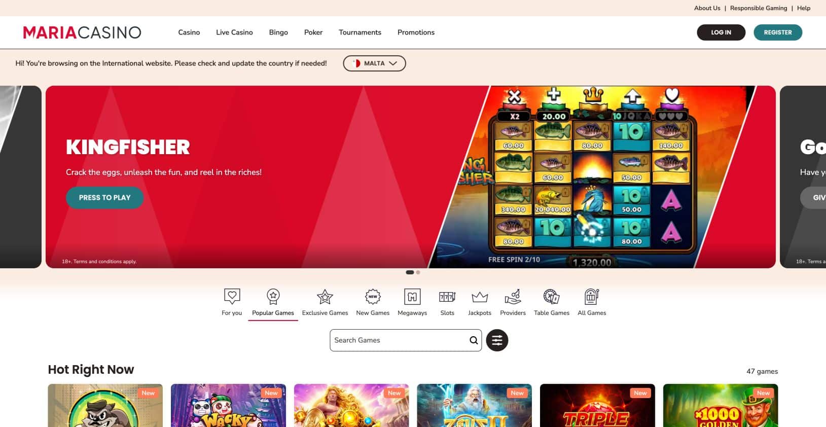 Maria Casino’s international lobby on 16 September 2026. This is not the Unibet UK product.