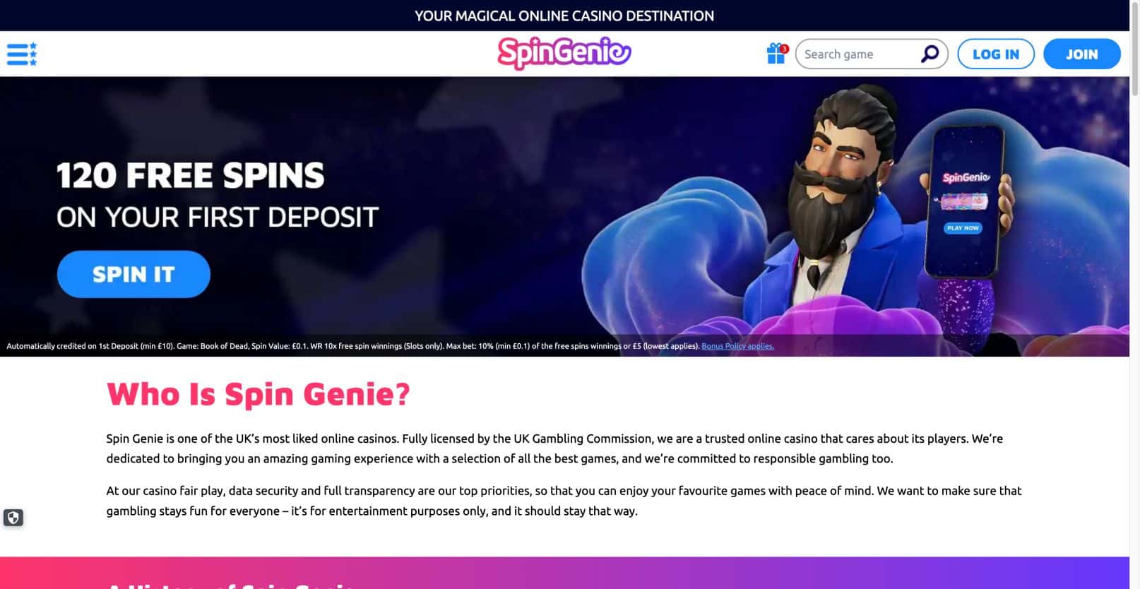 SpinGenie’s British About page on 16 September 2026, with its magician identity and published company introduction.