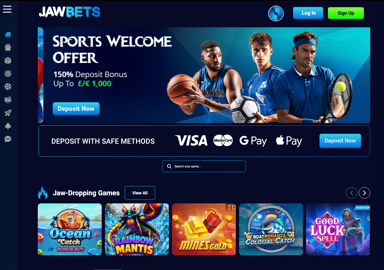 Jawbets on 14 September 2026, with its sports banner and Jaw-Dropping Games selection.