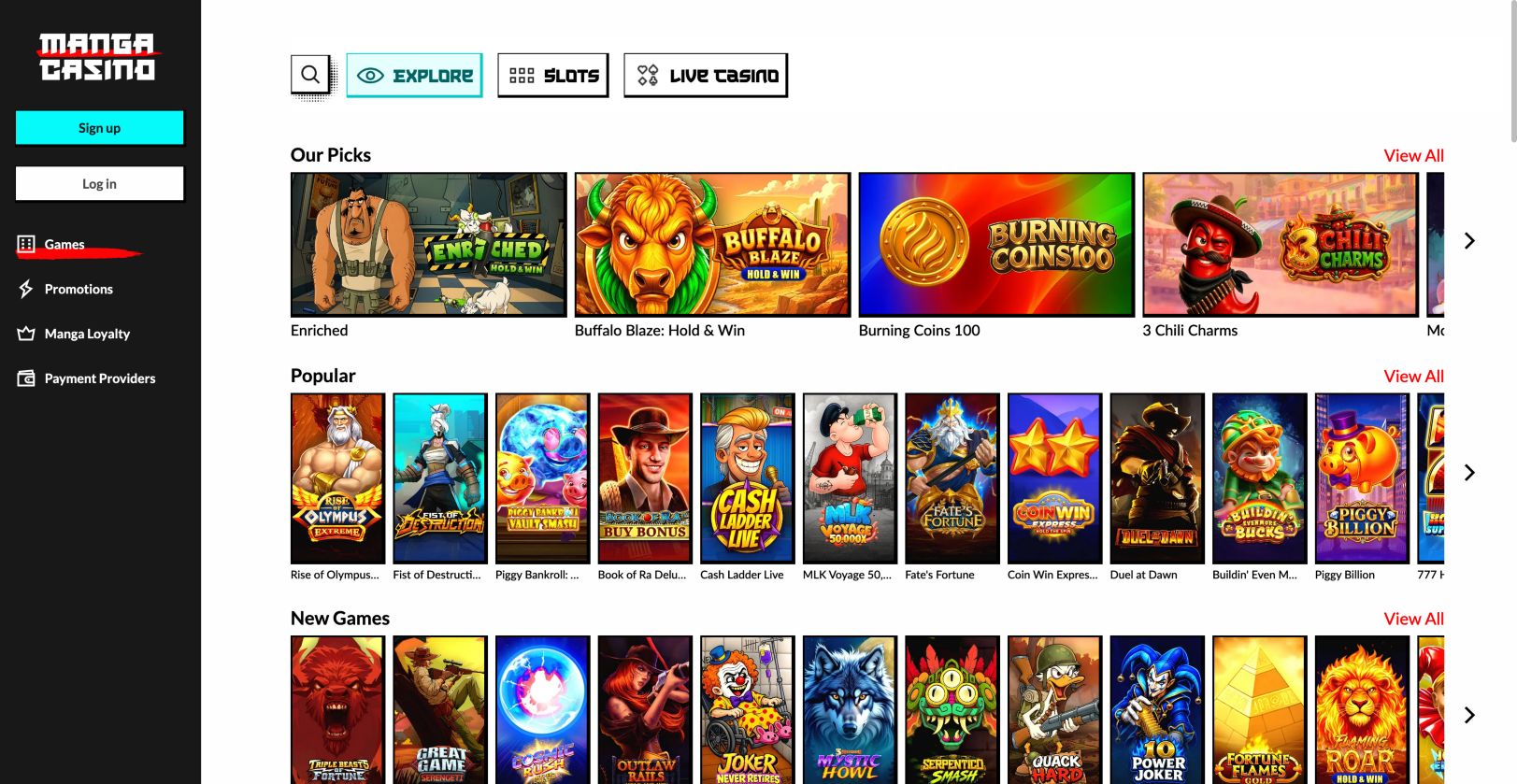 Manga Casino’s game catalogue on 14 September 2026, with Our Picks, Popular and New Games.