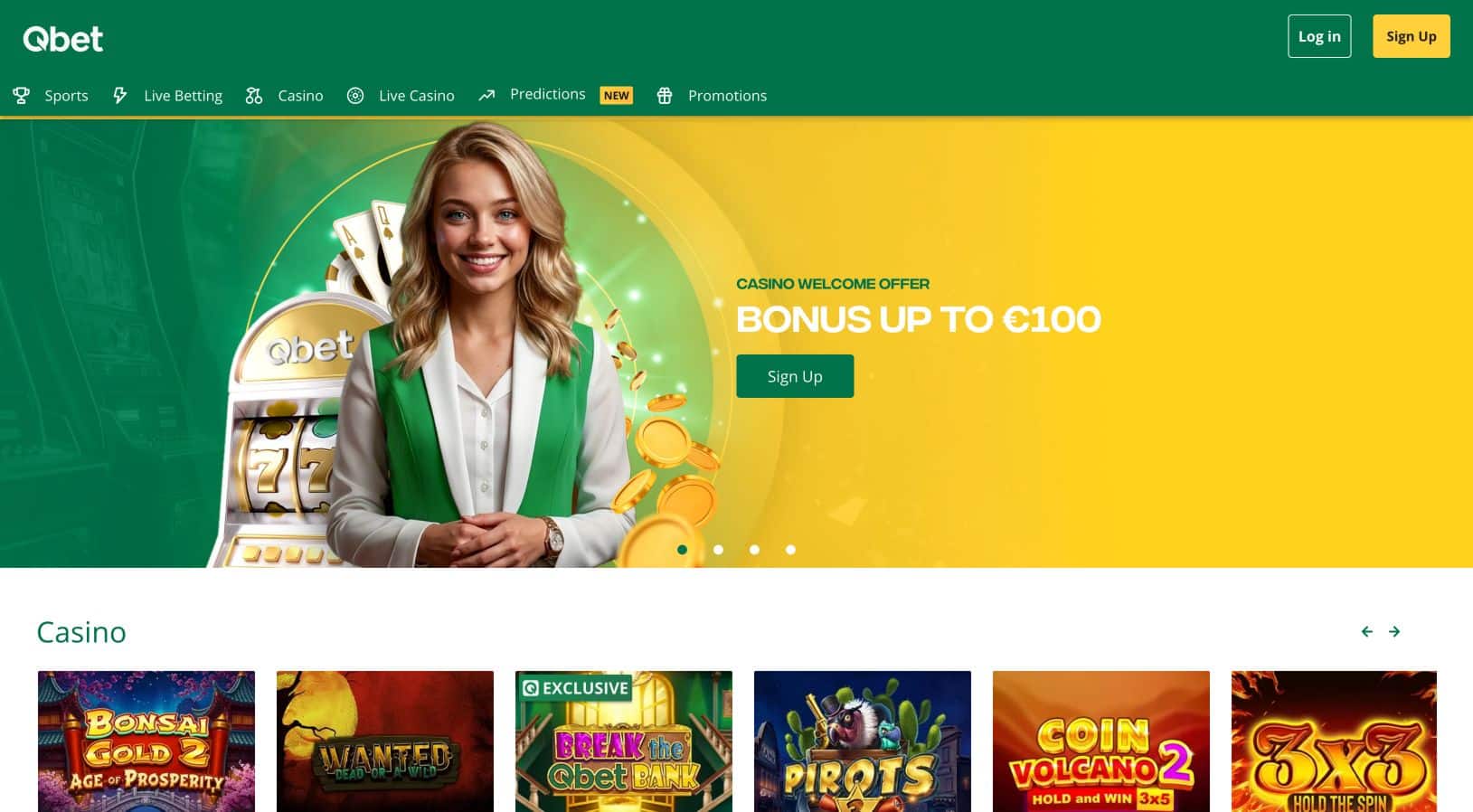 QBet’s public homepage on 14 September 2026, showing its product menu and casino game row. Pictured offers are for eligible markets only.