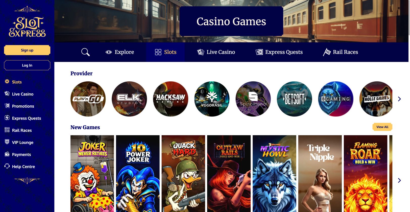 Slot Express’s slots section on 14 September 2026, with provider filters and railway-themed navigation.