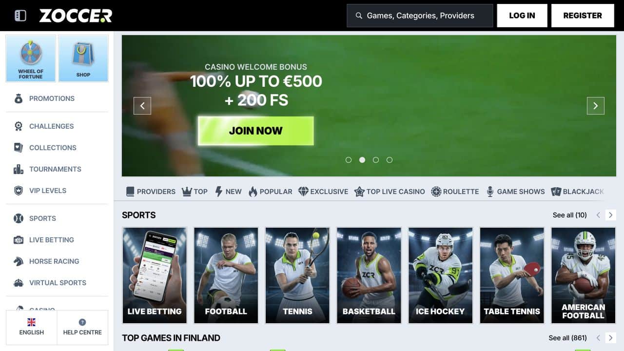 Zoccer’s international English homepage on 13 September 2026. Its terms exclude the United Kingdom.