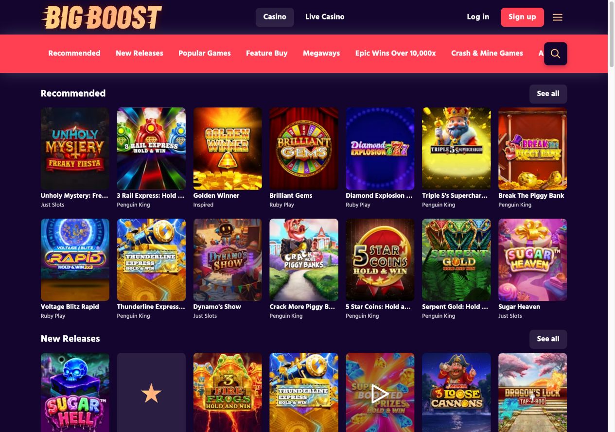 Big Boost casino lobby on 30 September 2026, showing its red navigation and game selection.