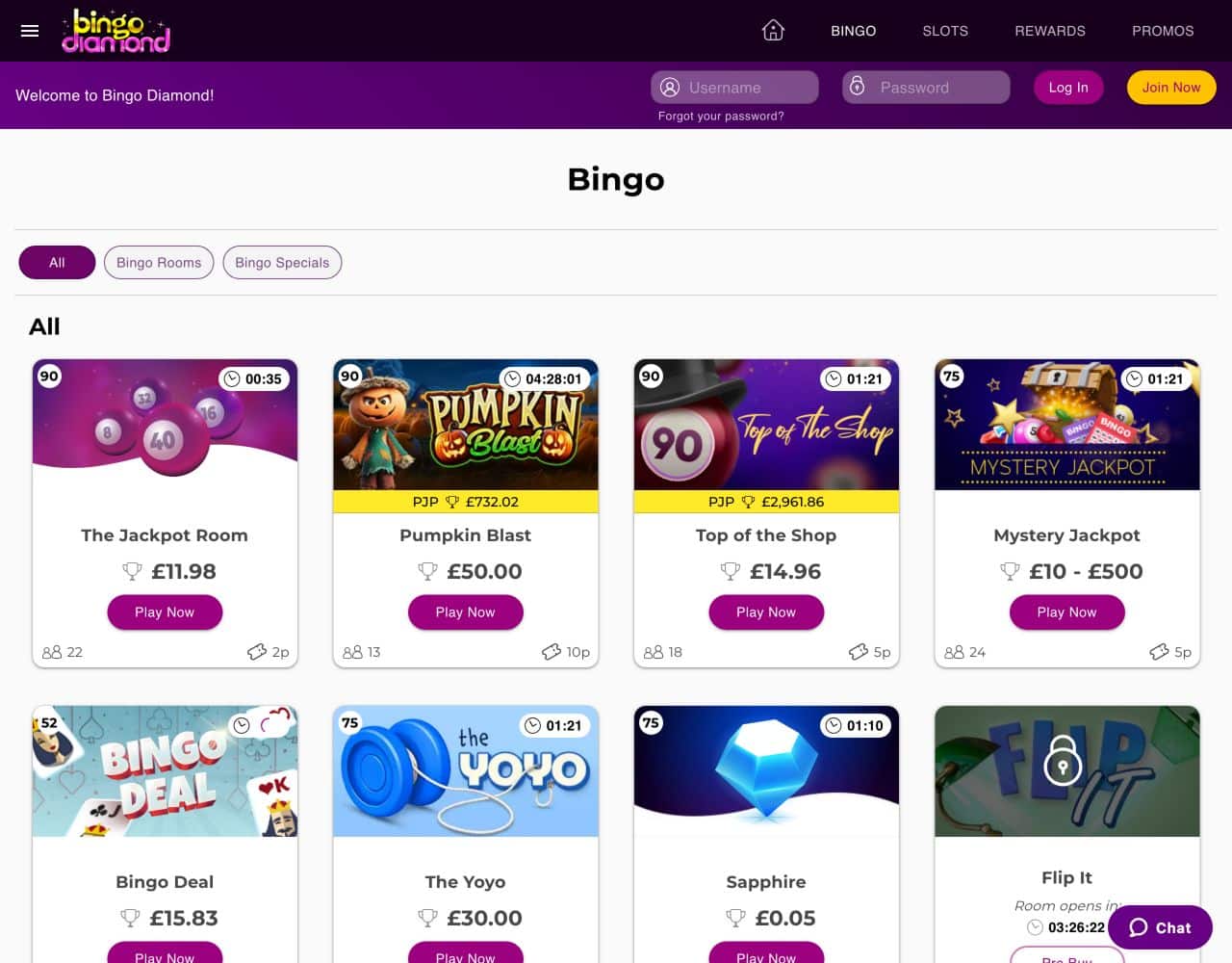 Bingo Diamond public room catalogue on 30 September 2026, showing 90, 75 and 52 game formats