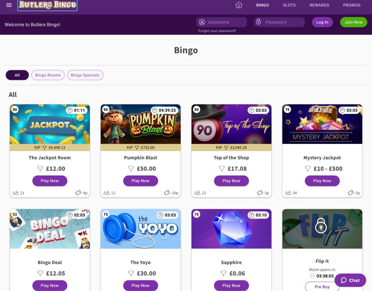 Butlers Bingo’s public rooms on 30 September 2026, with 90-ball, 75-ball and 52-card formats. Prices, prizes and countdowns belong to the captured session.