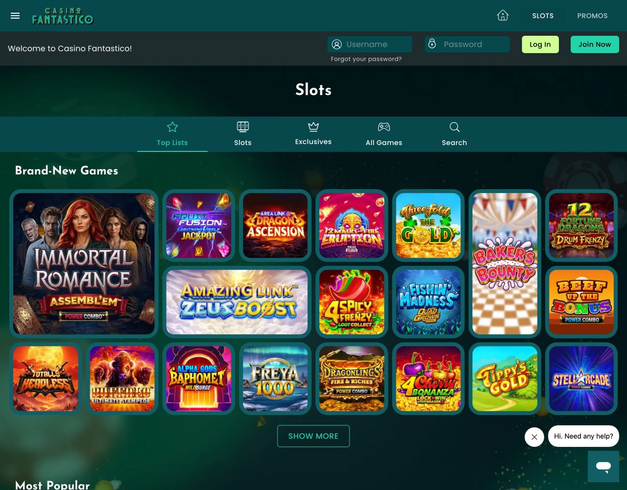 Casino Fantastico’s Slots catalogue on 30 September 2026, with five browsing controls and individual game tiles.