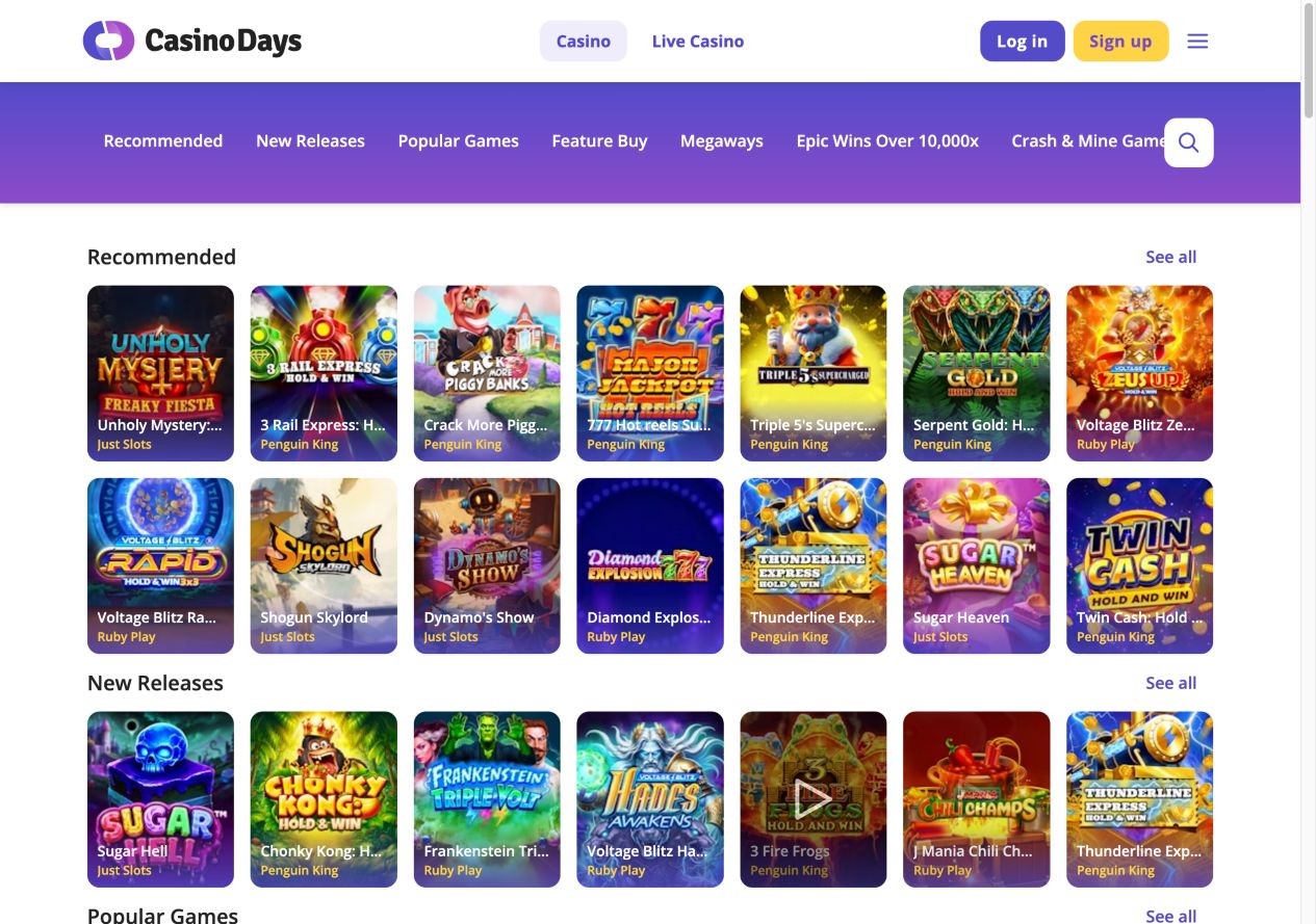 Casino Days international casino lobby on 30 September 2026, with category navigation and individual slot tiles.