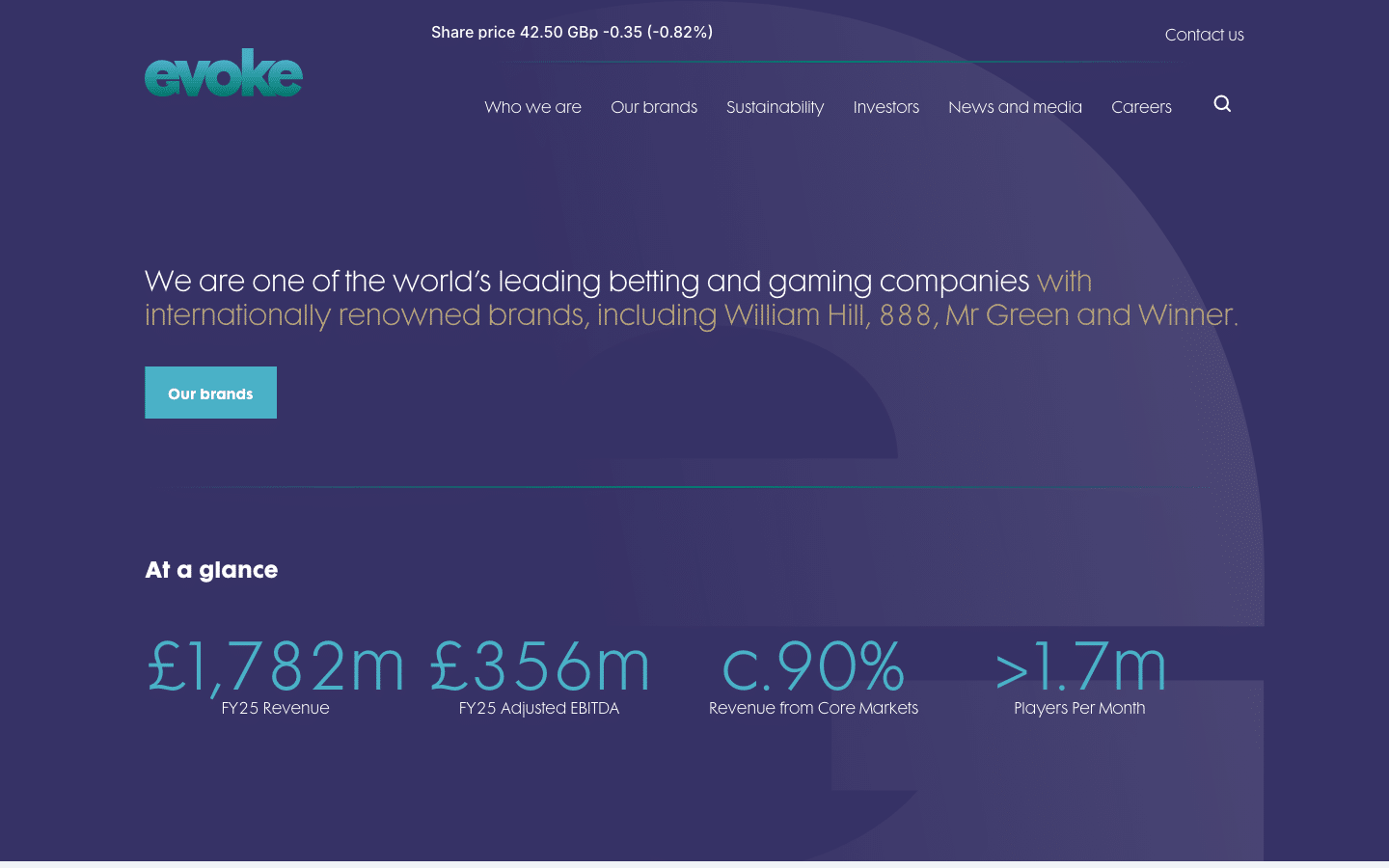 evoke corporate homepage with William Hill, 888, Mr Green and Winner