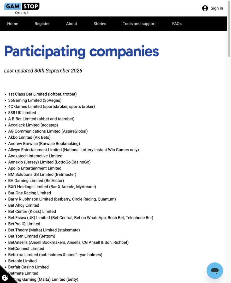 GAMSTOP Online participating-company list dated 30 September 2026, including BV Gaming Limited.