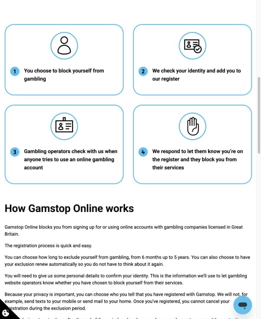 GAMSTOP Online four-step description showing registration and operator checks on 30 September 2026.