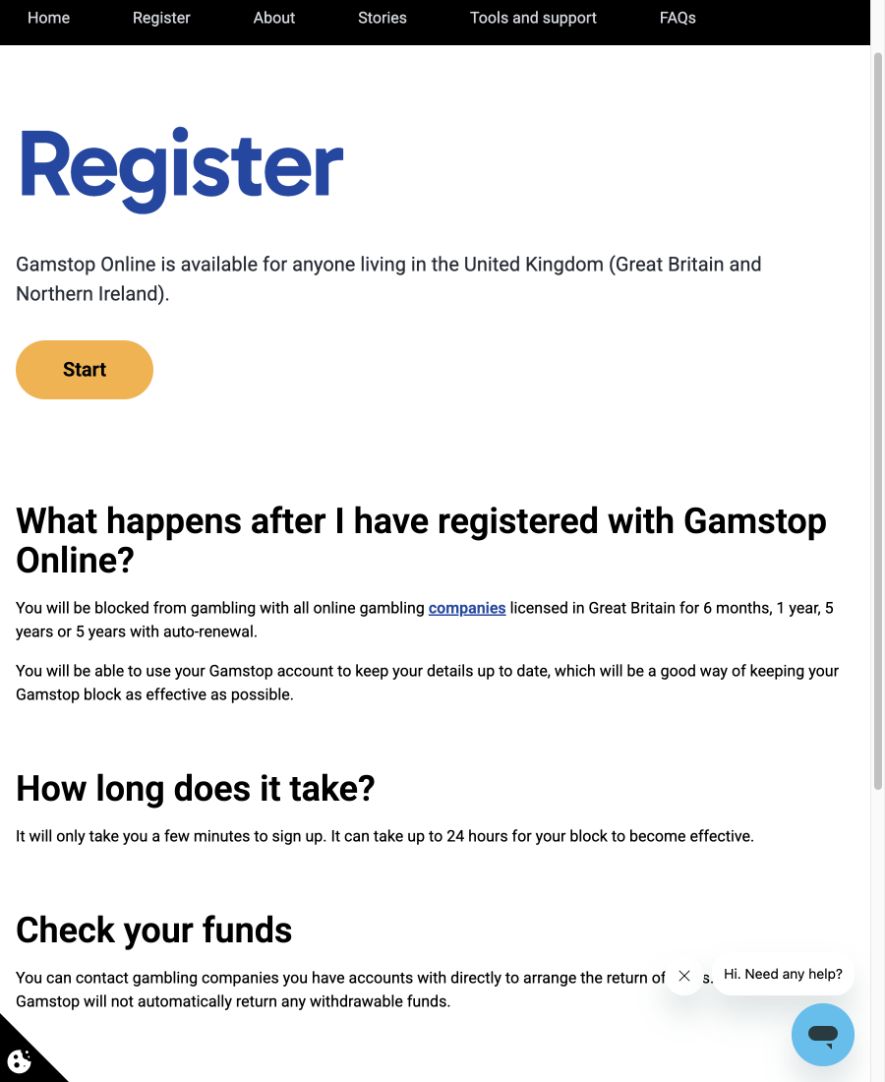 GAMSTOP Online registration page showing exclusion choices, activation and funds guidance on 30 September 2026.