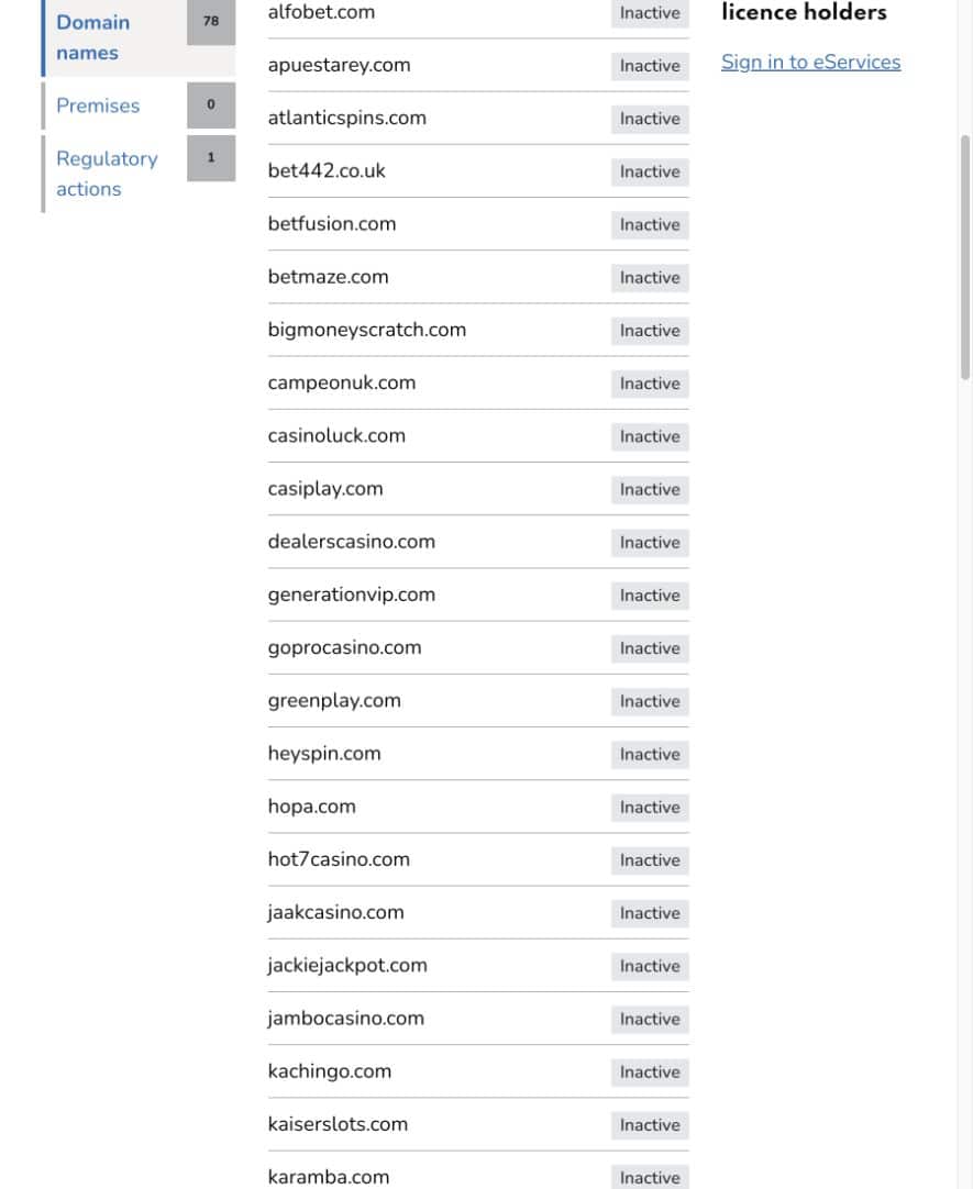 Gambling Commission AG Communications domain record on 30 September 2026 showing former GenerationVIP and Jackie Jackpot domains as inactive.