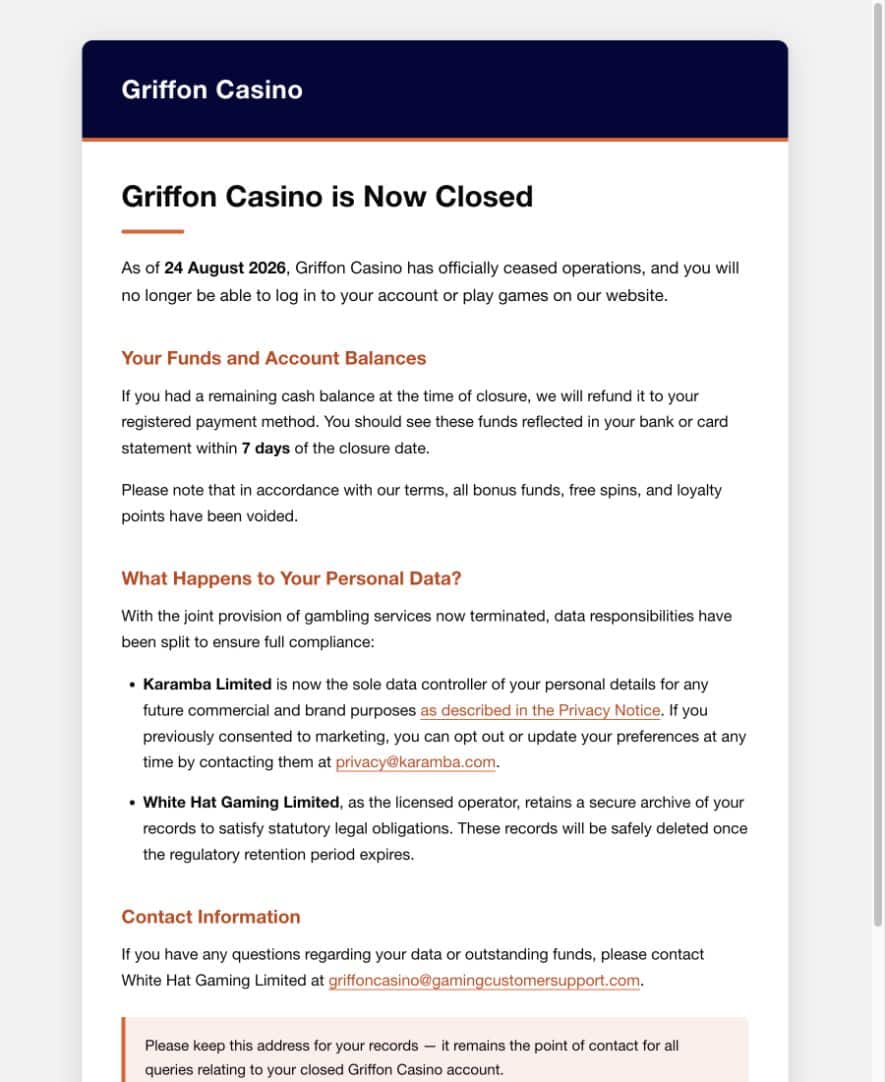 Griffon Casino notice on 30 September 2026 showing its 24 August closure date and former-account guidance.