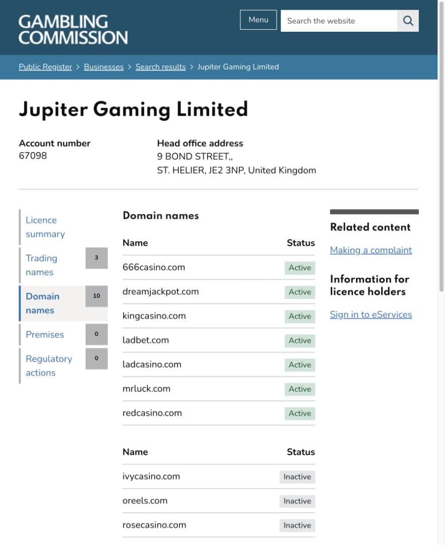 Gambling Commission Jupiter Gaming domain record on 30 September 2026 showing King Casino as active under its current operator.