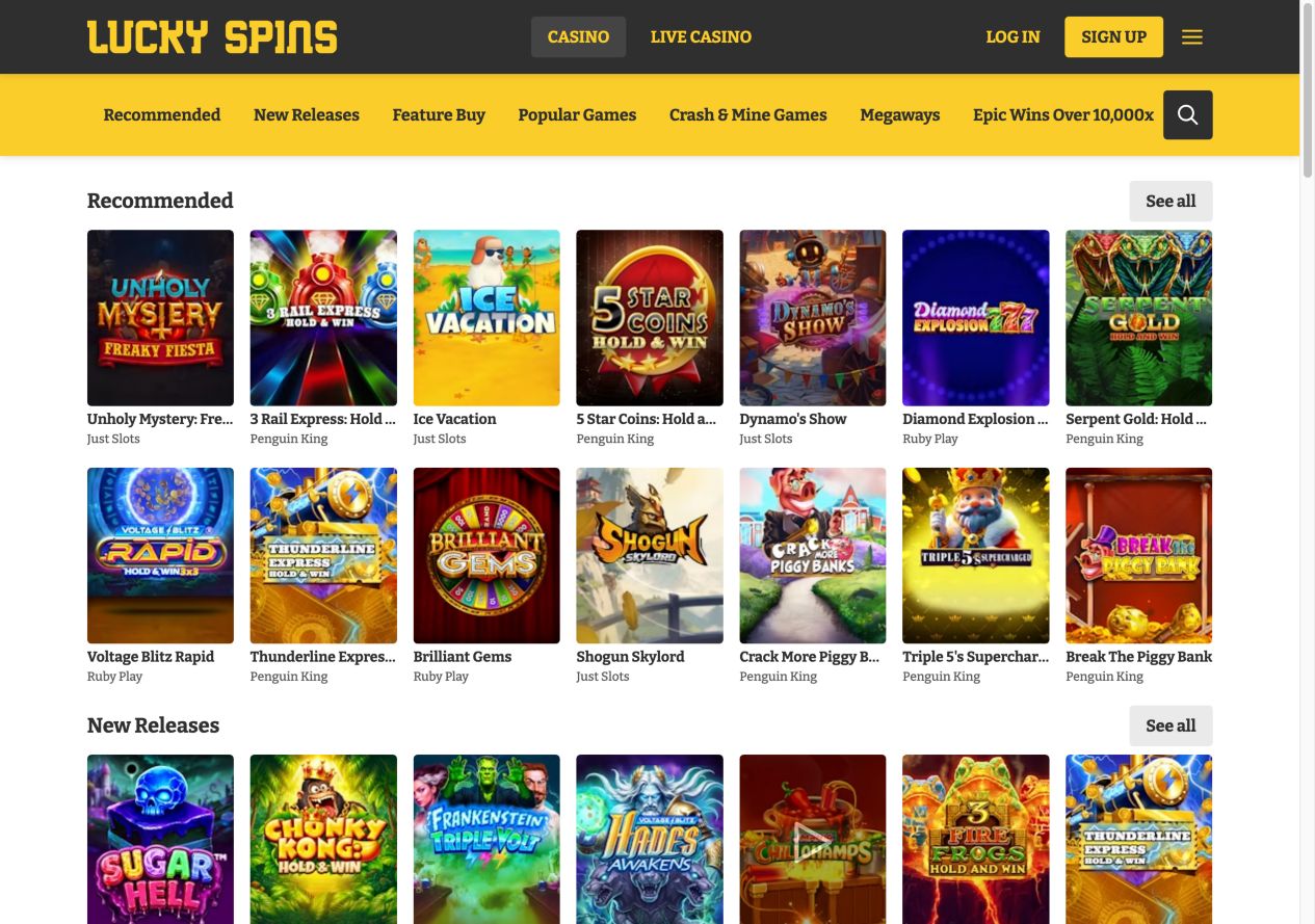 Lucky Spins casino lobby on 30 September 2026, showing its yellow navigation and game selection.