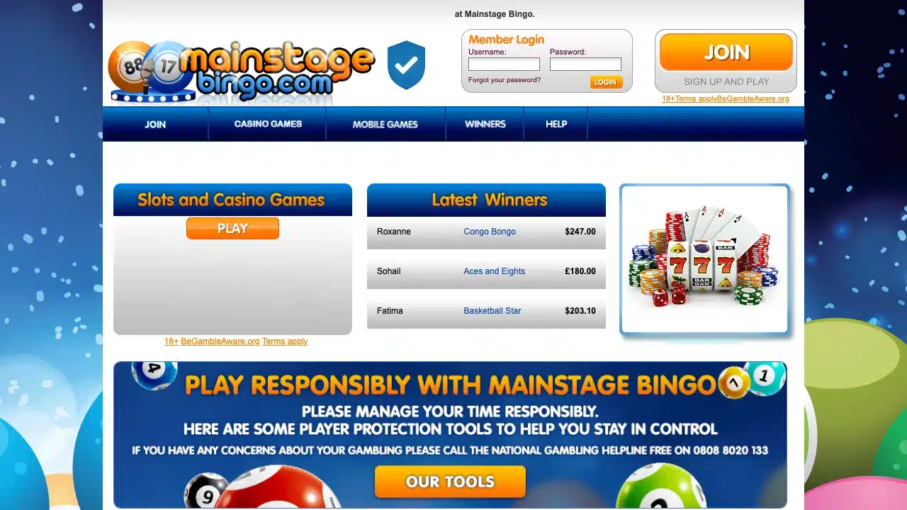 Mainstage Bingo homepage in September 2026