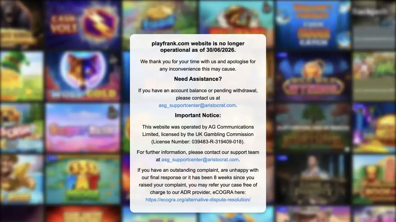 PlayFrank official closure notice confirming 30 June 2026 shutdown