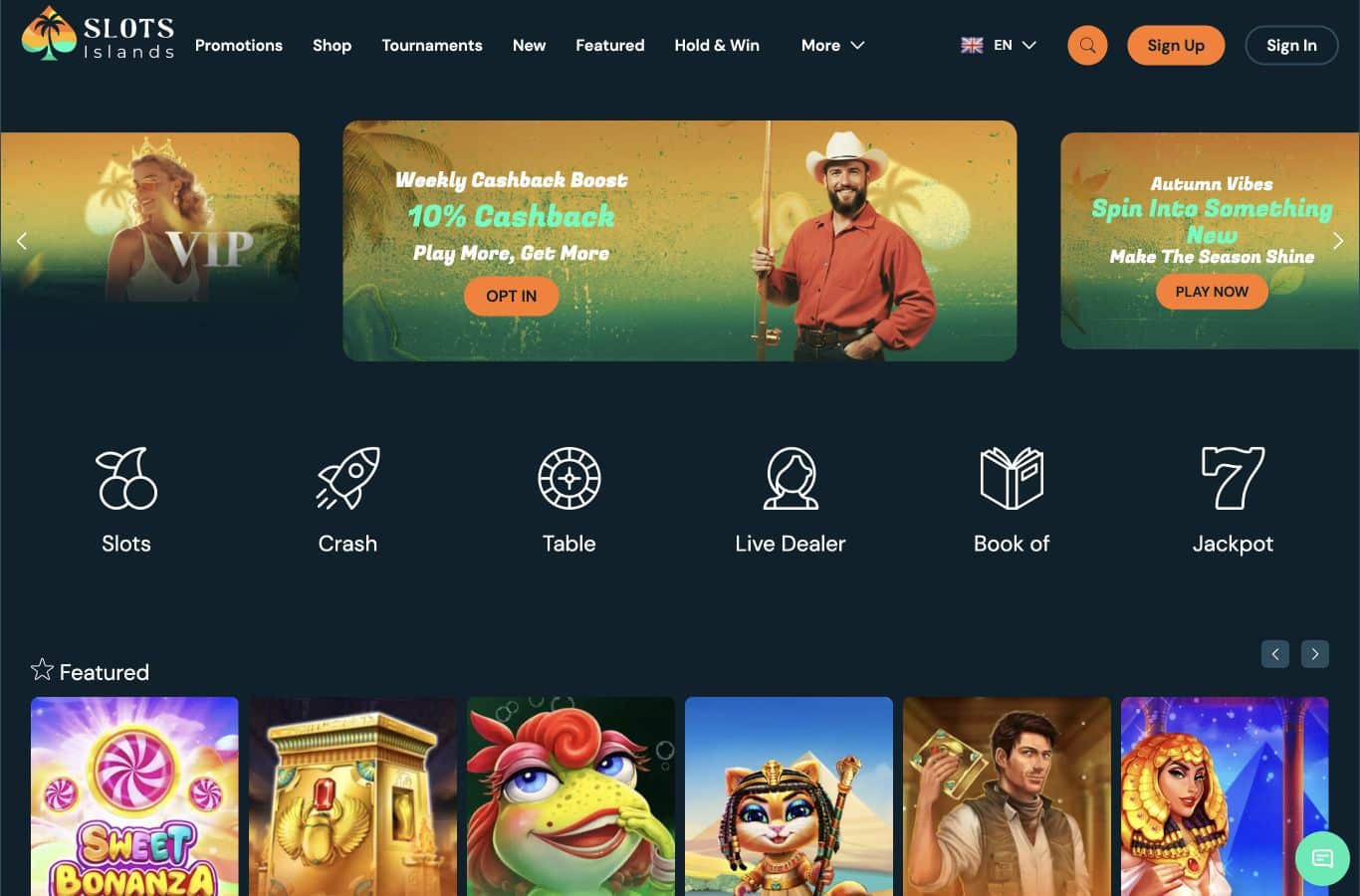 Slots Islands on 30 September 2026: a dark teal lobby, seasonal banners and separate game categories.