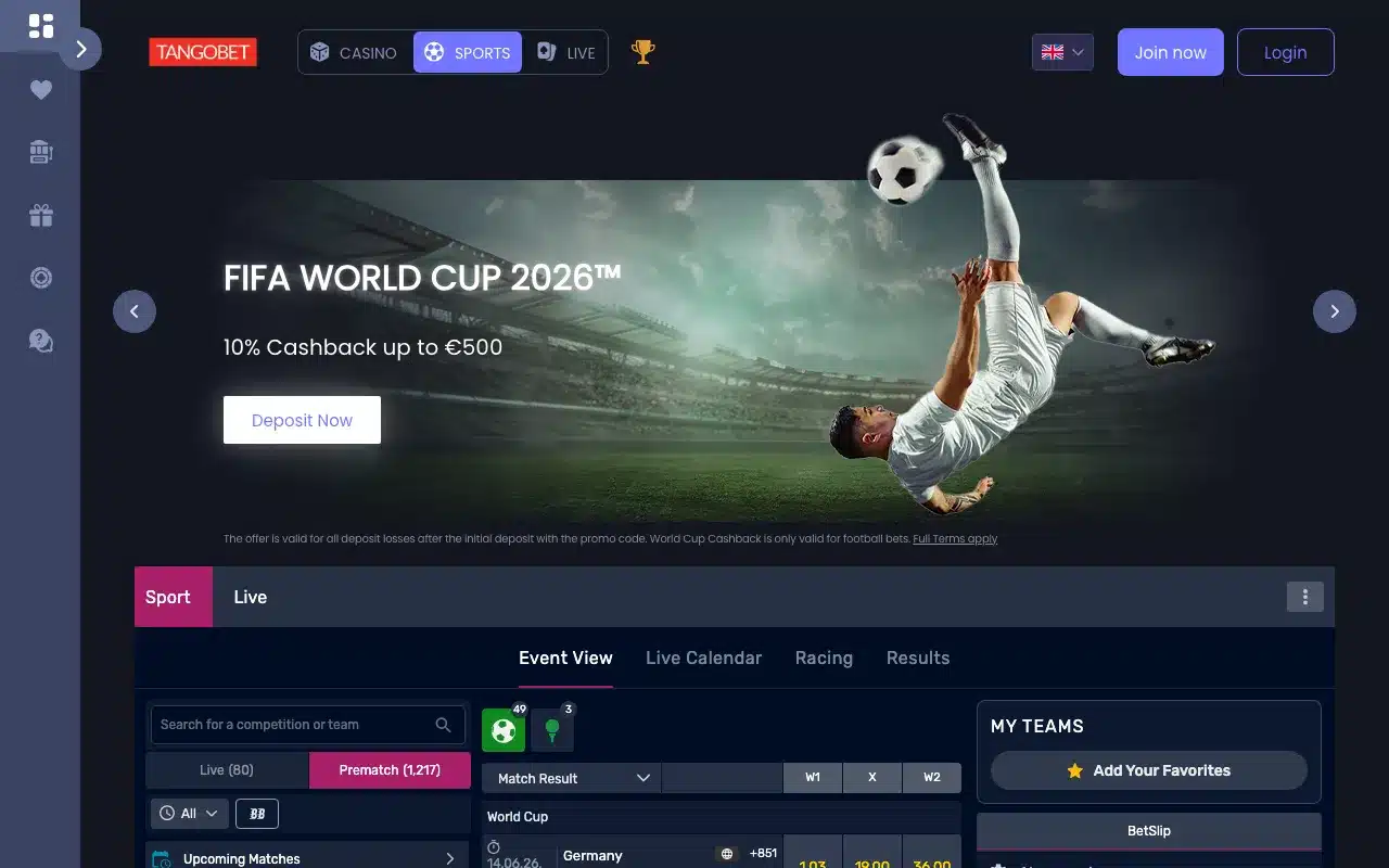 TangoBet’s historical 2026 sportsbook, showing its World Cup campaign, event filters and bet slip.