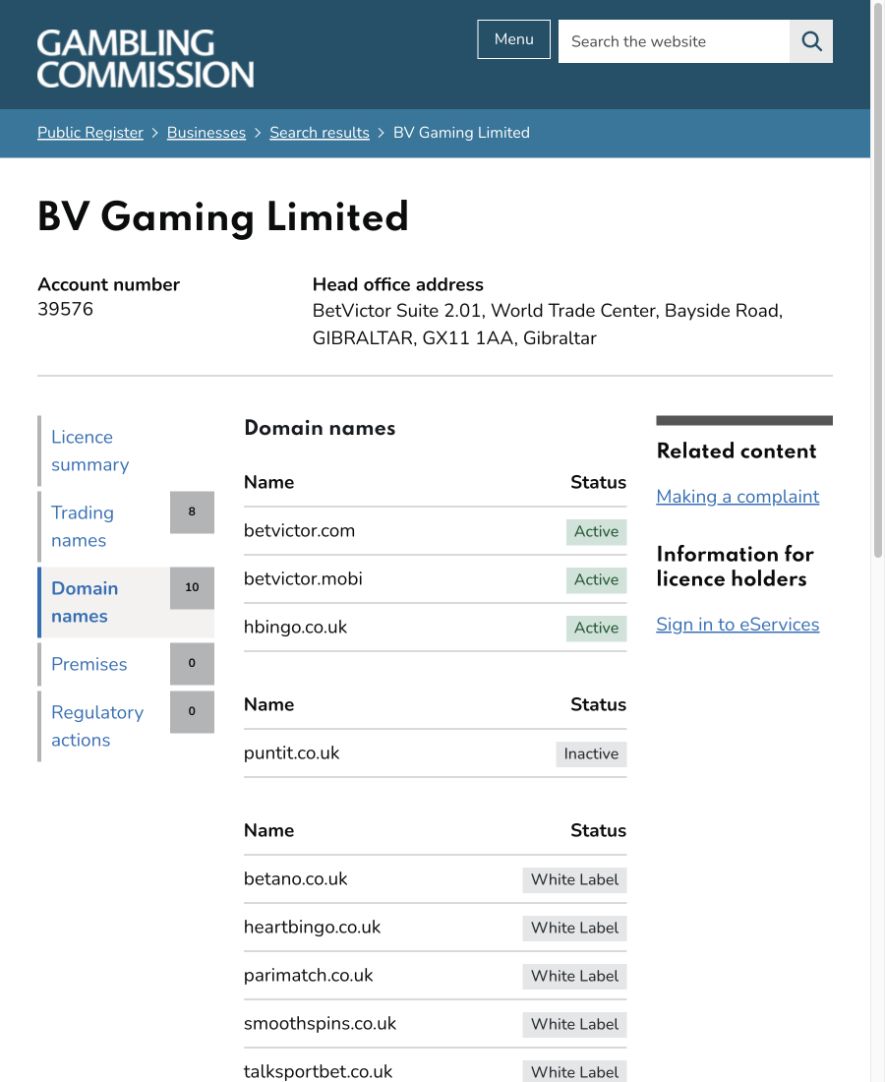 BV Gaming Limited Gambling Commission domain list showing Active, Inactive and White Label rows on 30 September 2026.