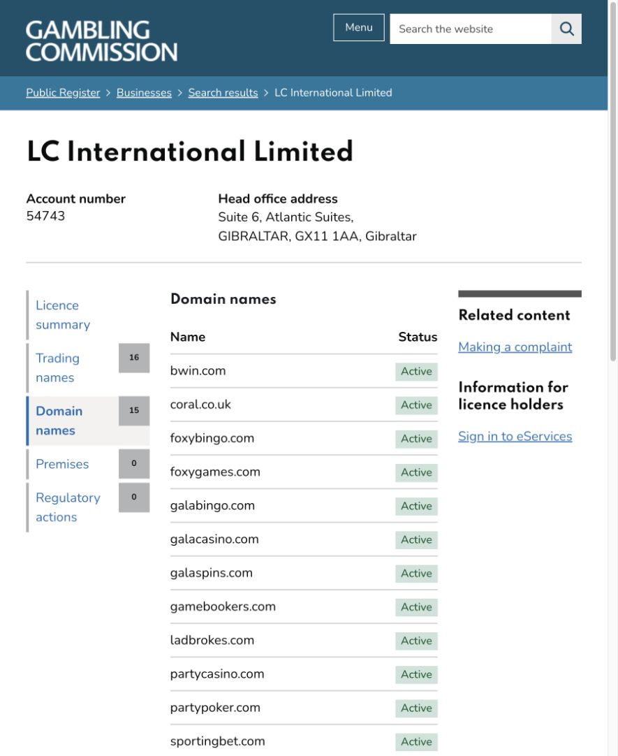 LC International Limited Gambling Commission domain list showing partycasino.com as Active on 30 September 2026.