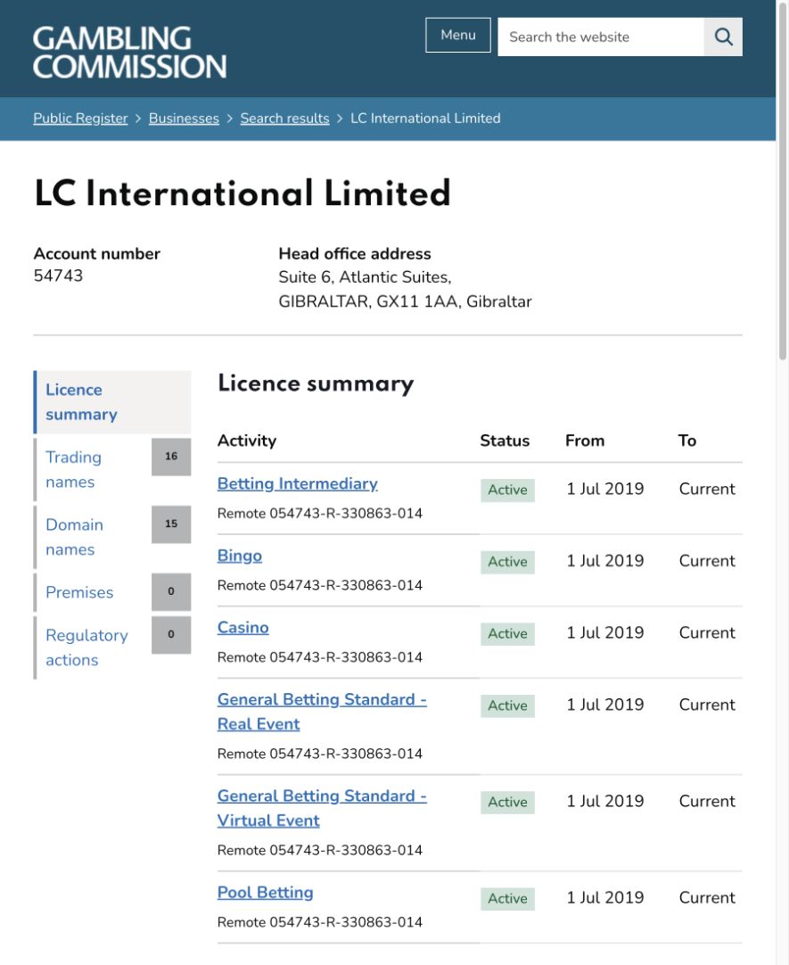 LC International Limited Gambling Commission licence summary showing Casino, Remote and Active on 30 September 2026.