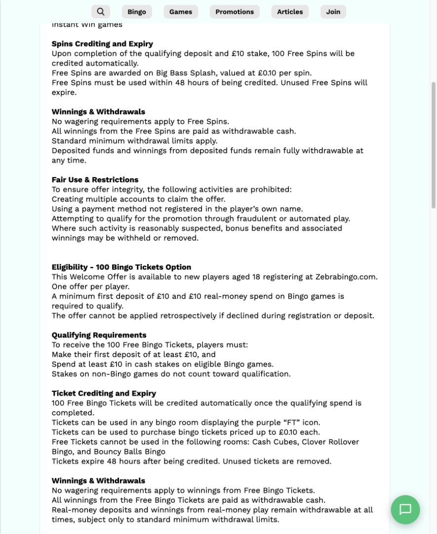 Zebra Bingo ticket terms on 30 September 2026 showing eligible FT rooms, exclusions and expiry.