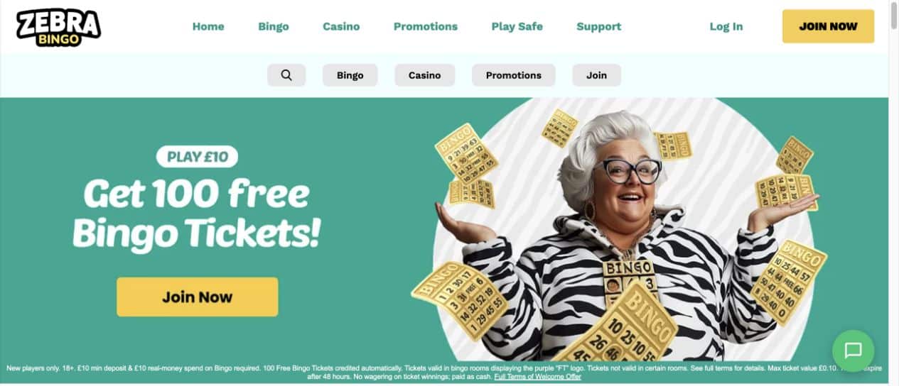 Zebra Bingo homepage on 30 September 2026 showing the 100-ticket welcome and its qualifying condition.