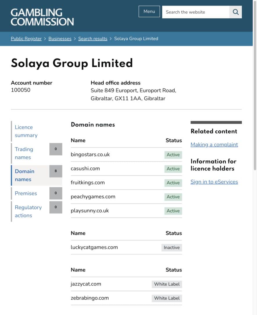 Gambling Commission Solaya domain record on 30 September 2026 showing active, inactive and white-label domains.