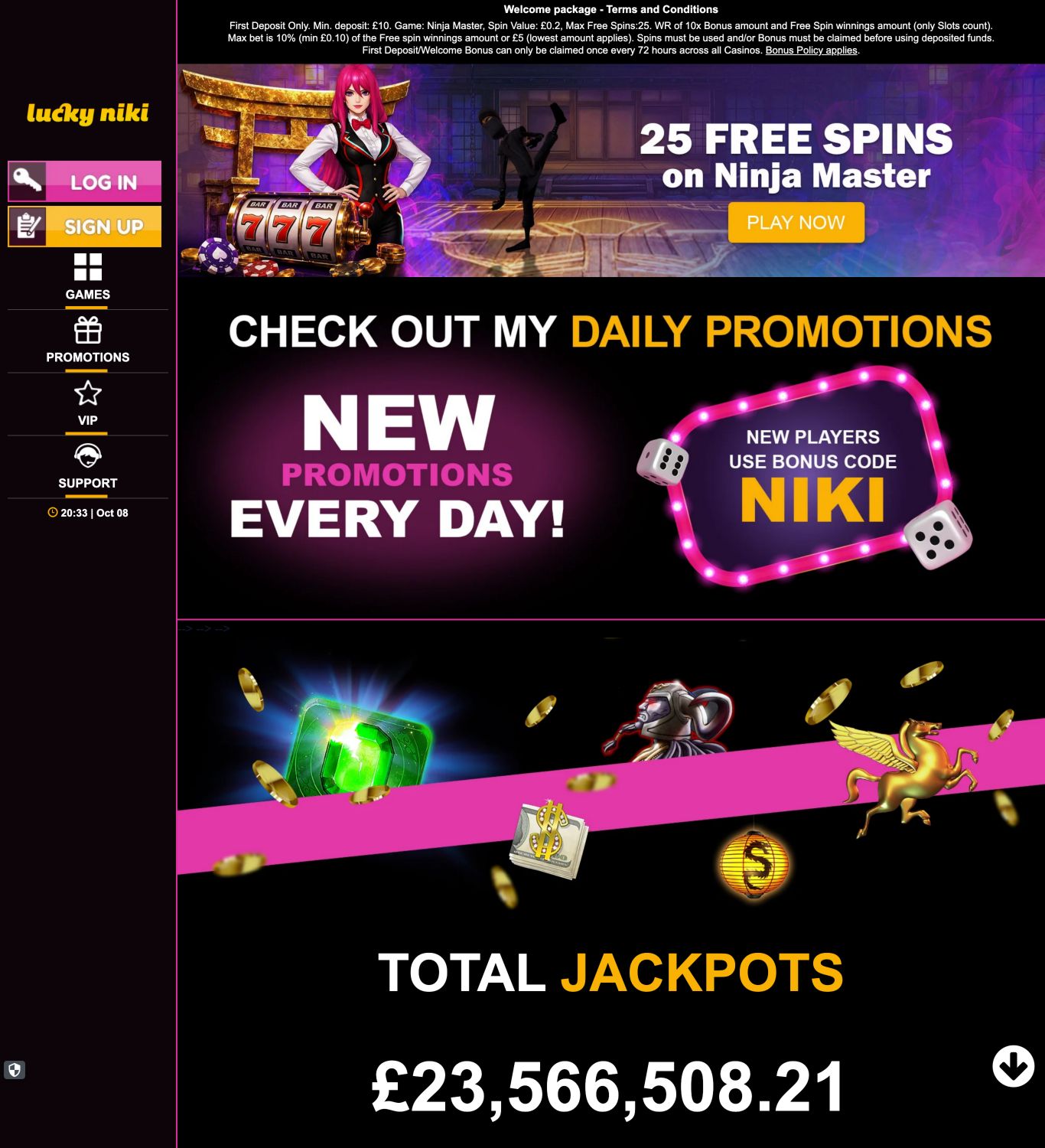 Lucky Niki’s British homepage on 8 October 2026; its visible Ninja Master welcome conditions include wagering.