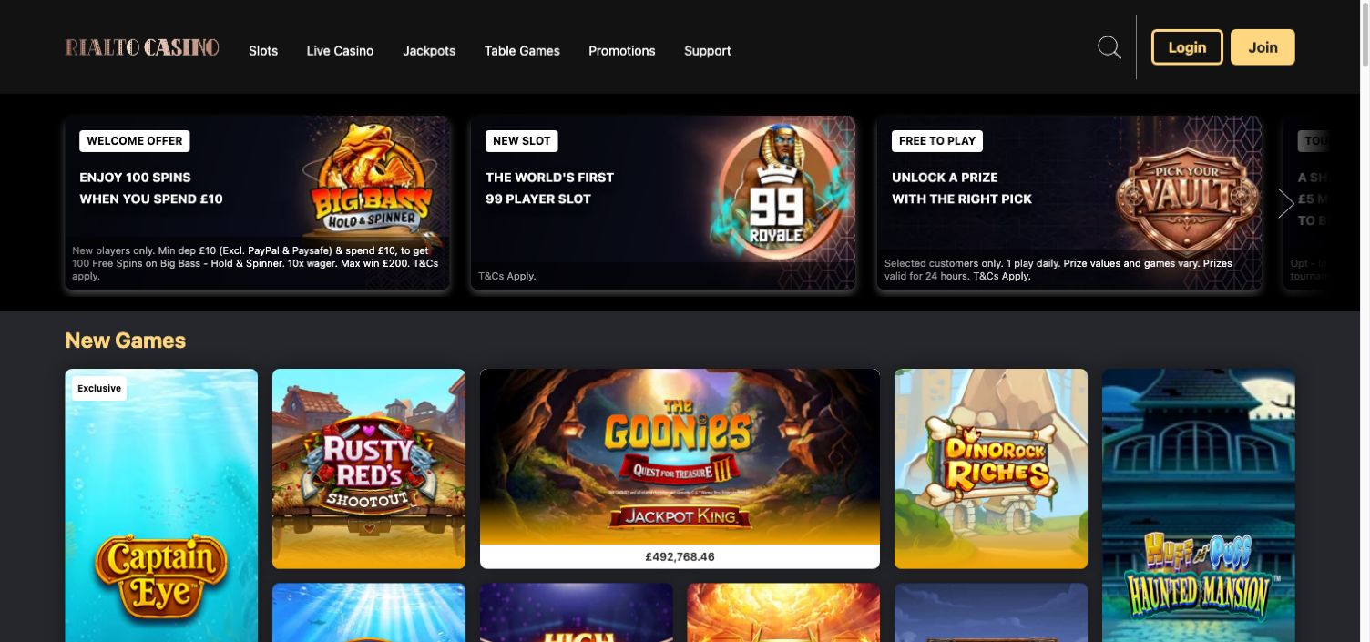 Rialto Casino on 10 October 2026: the Big Bass spin promotion and slot-led navigation are separate from Mecca’s bingo welcome route.