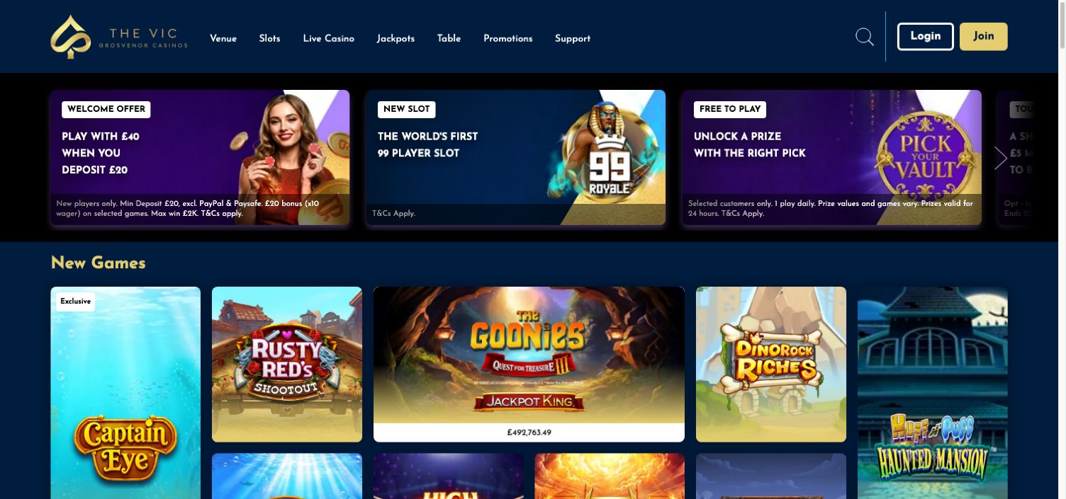 The Vic homepage on 10 October 2026: navy and gold branding, venue navigation and a welcome balance that includes the customer’s deposit.