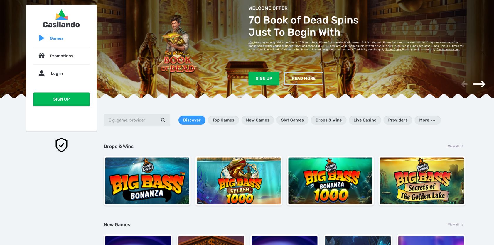 Casilando’s British homepage on 9 October 2026, showing the Book of Dead banner, left navigation and Drops & Wins game shelf.