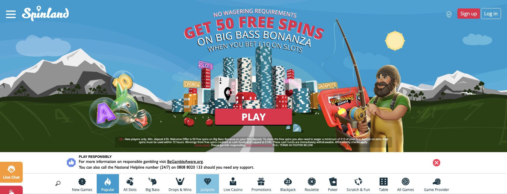 Spinland’s British homepage on 9 October 2026, showing the island welcome banner and its game-category navigation.