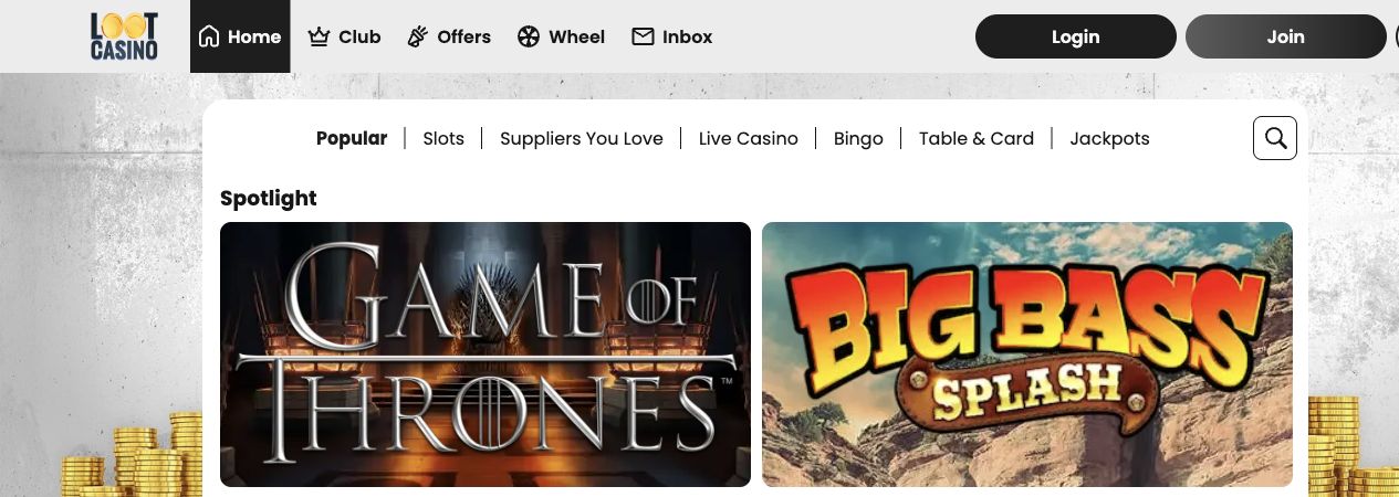 Loot Casino on 3 October 2026: category bar and Spotlight games.