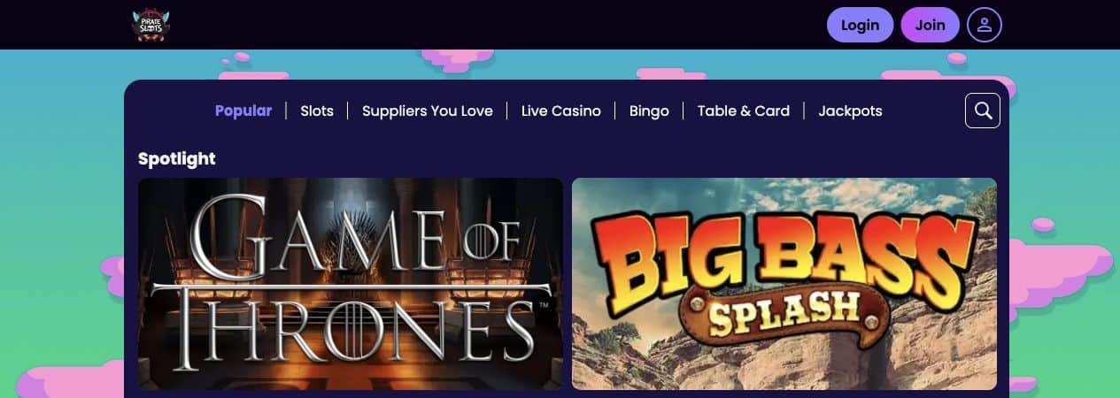 Pirate Slots on 3 October 2026: category bar and Spotlight games.