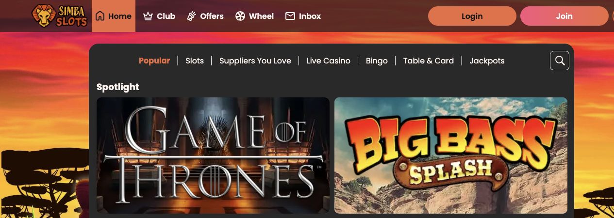 Simba Slots on 3 October 2026: category bar and Spotlight games.