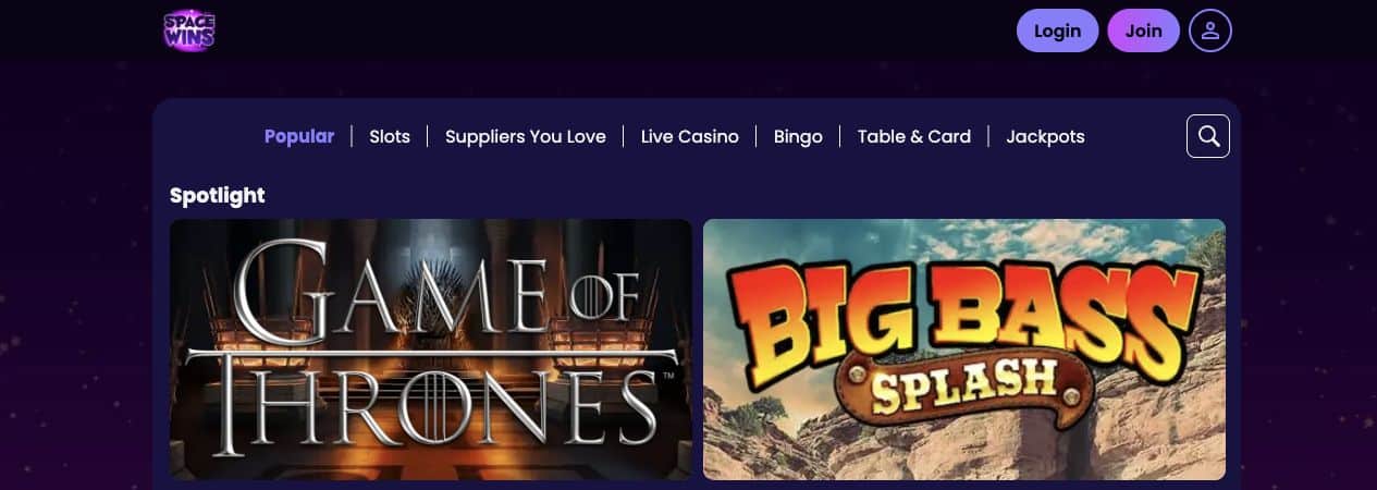 Space Wins on 3 October 2026: category bar and Spotlight games.