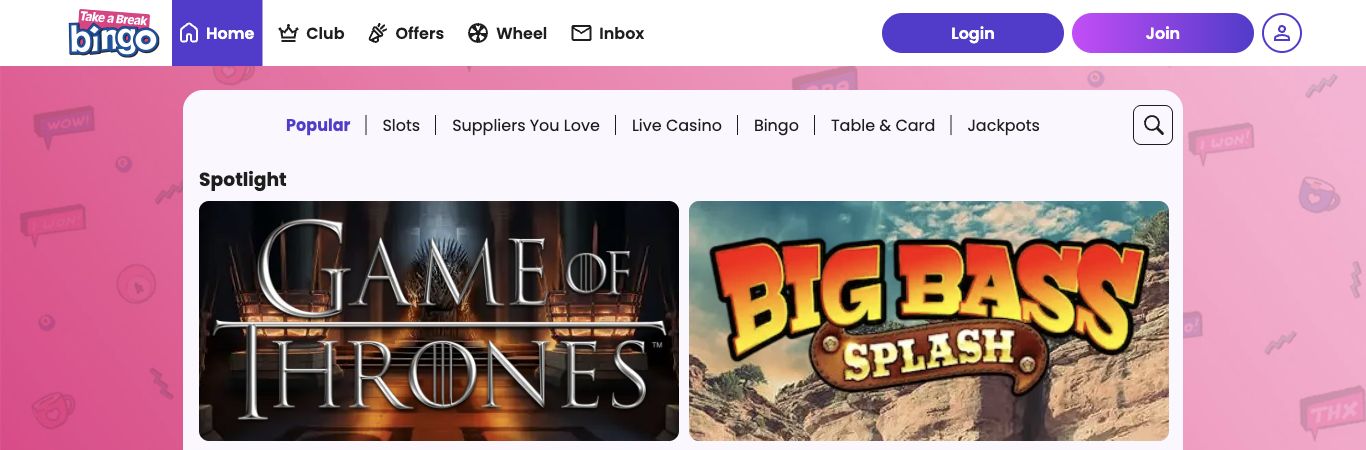 Take a Break Bingo on 3 October 2026: category navigation and two spotlight slots.